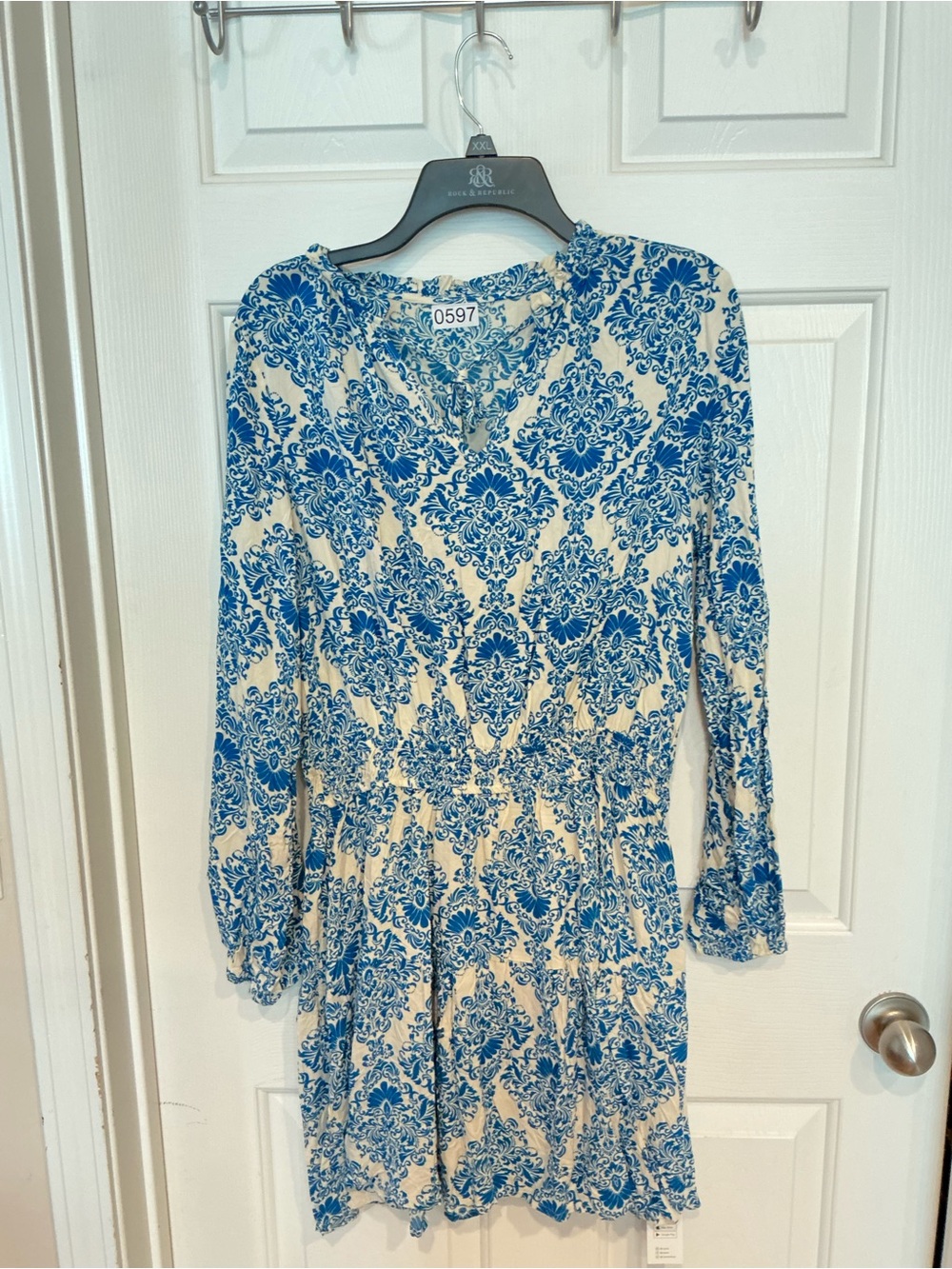 Cupshe Blue & White Printed Long Sleeve Dress